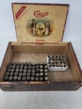 Wood Cigar box w/70 rnds unknown old ammo