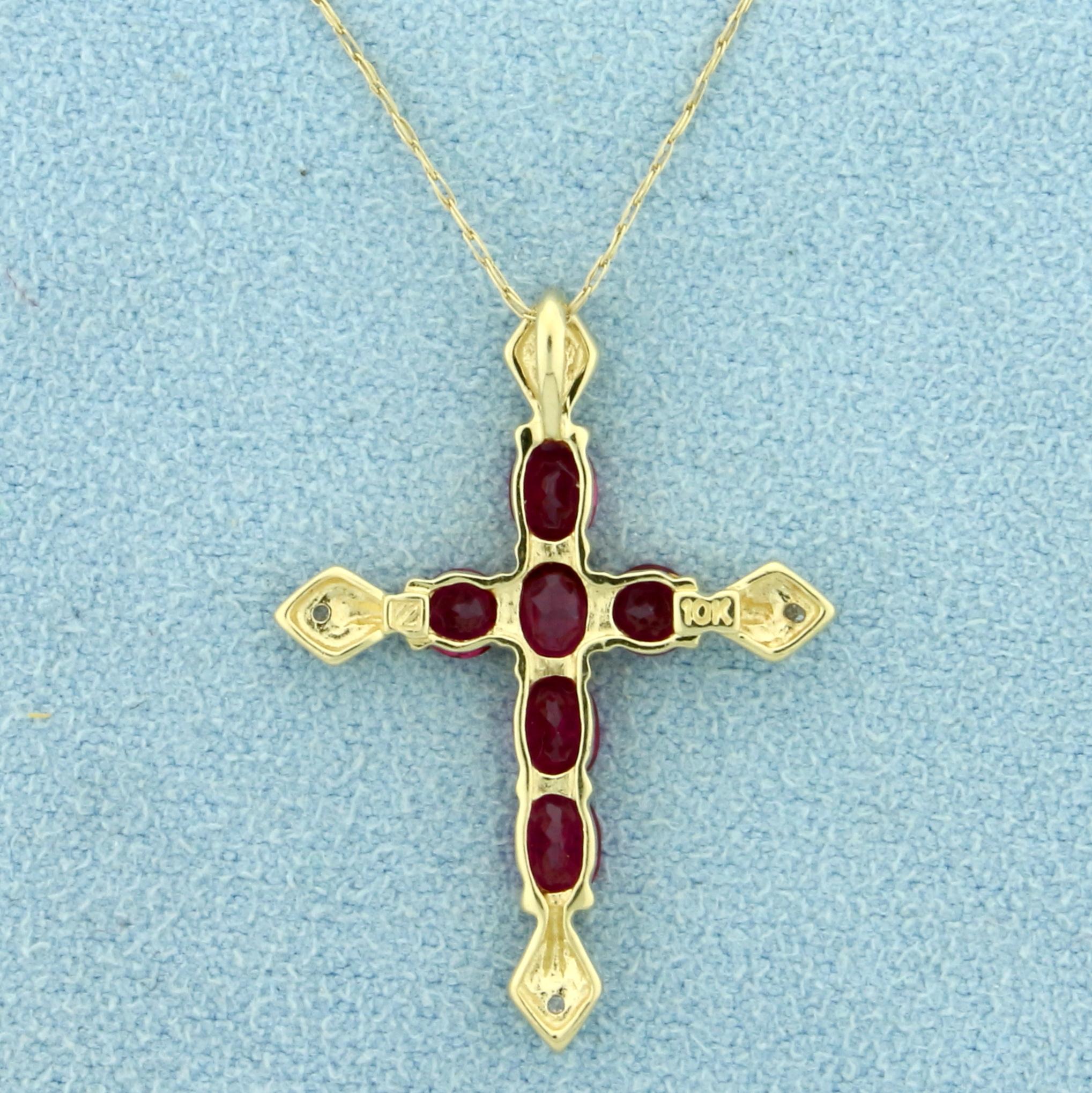 Pink Topaz And Diamond Cross Pendant And Chain In 10k Yellow Gold