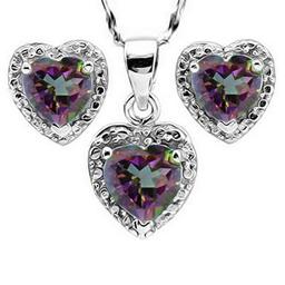 Heart Cut Mystic Topaz And Diamond Ring Earring And Necklace Set In Sterling Silver