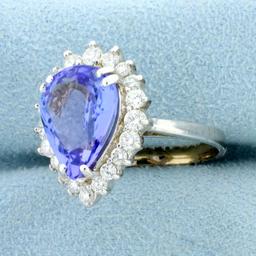 Aaa Quality Tanzanite And Diamond Ring In 18k White Gold