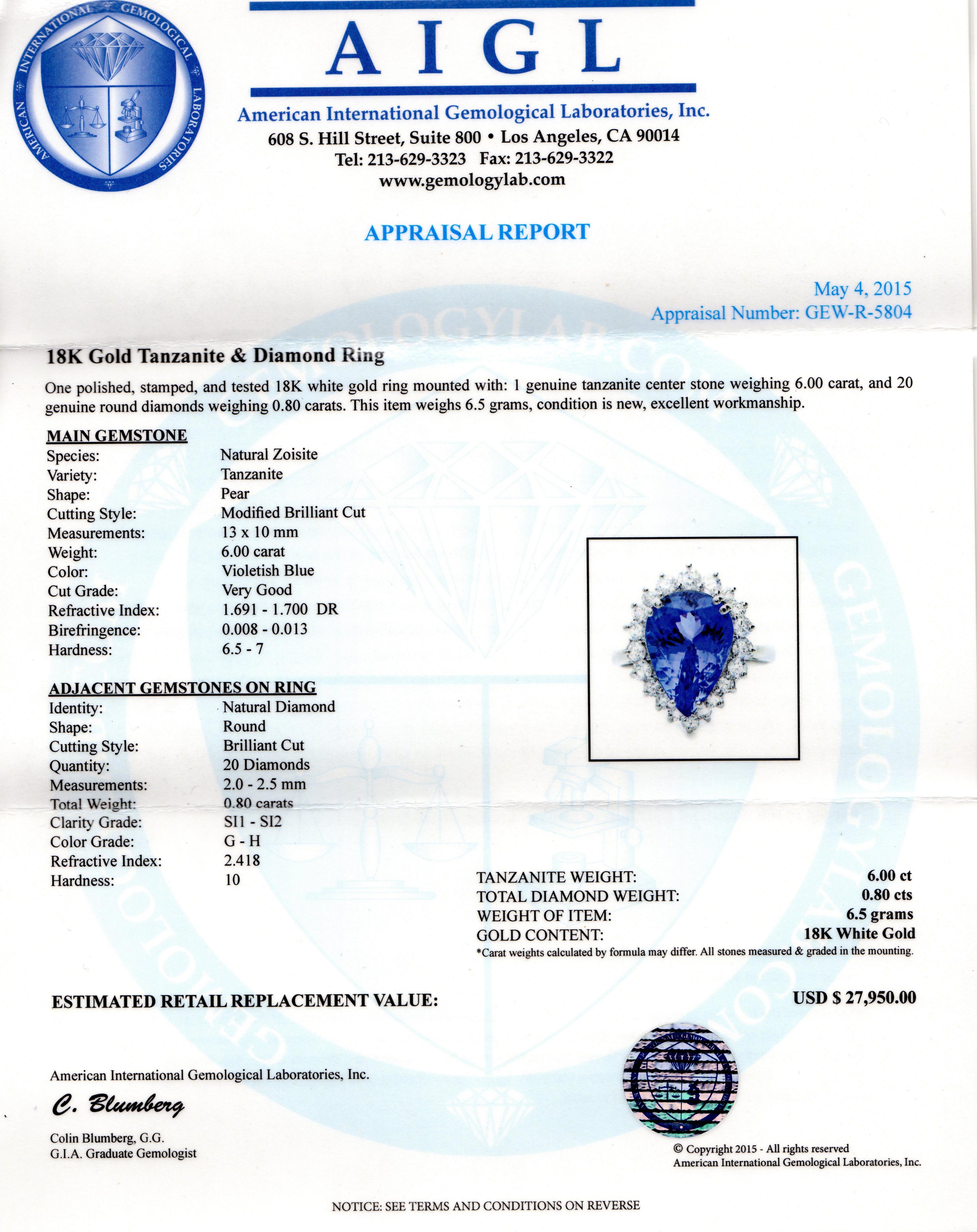 Aaa Quality Tanzanite And Diamond Ring In 18k White Gold