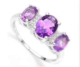 2ctw Amethyst & Diamond 3-stone Ring In Sterling Silver