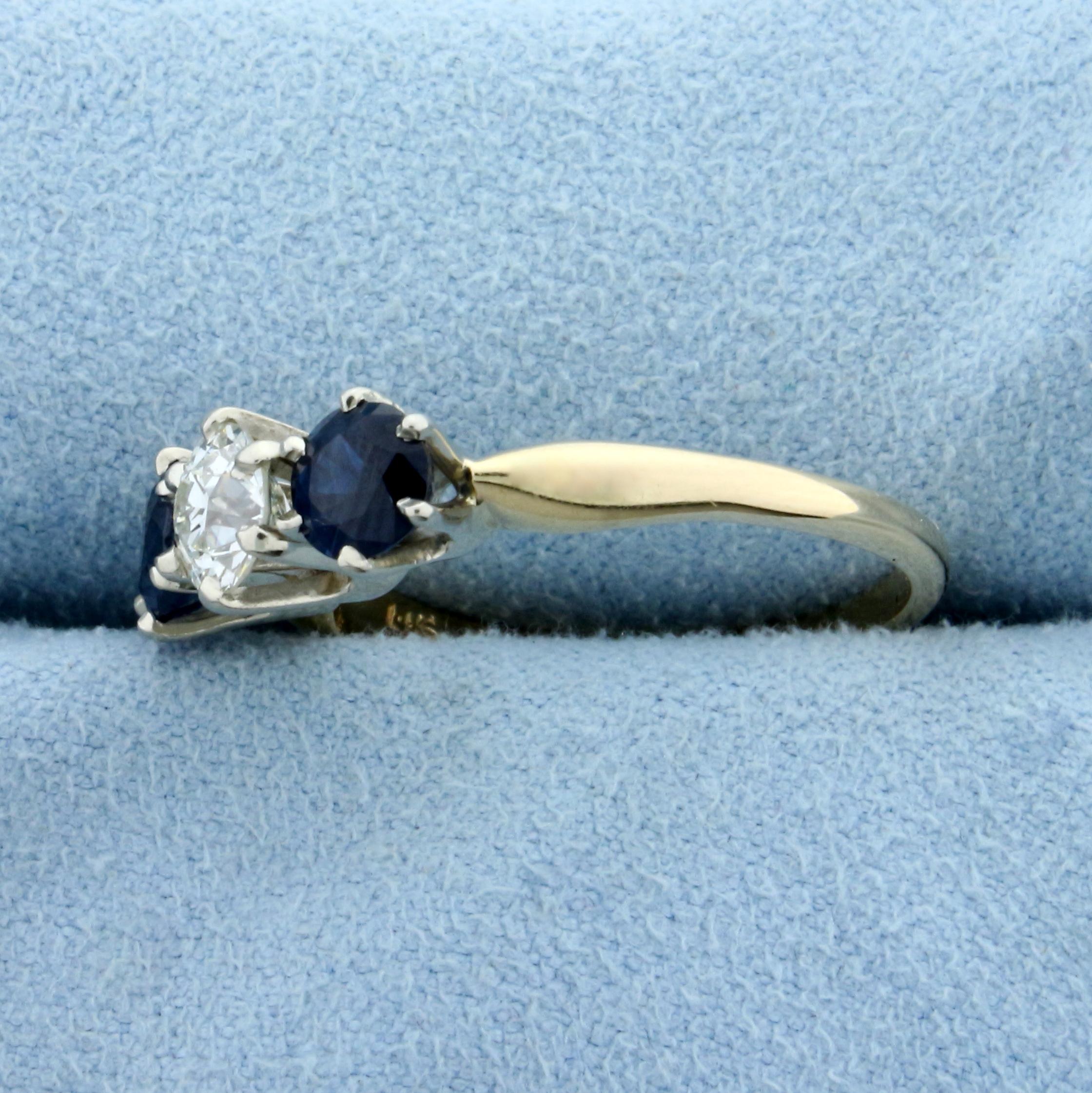 1.5ct Tw Three Stone Sapphire And Diamond Ring In 14k Yellow And White Gold