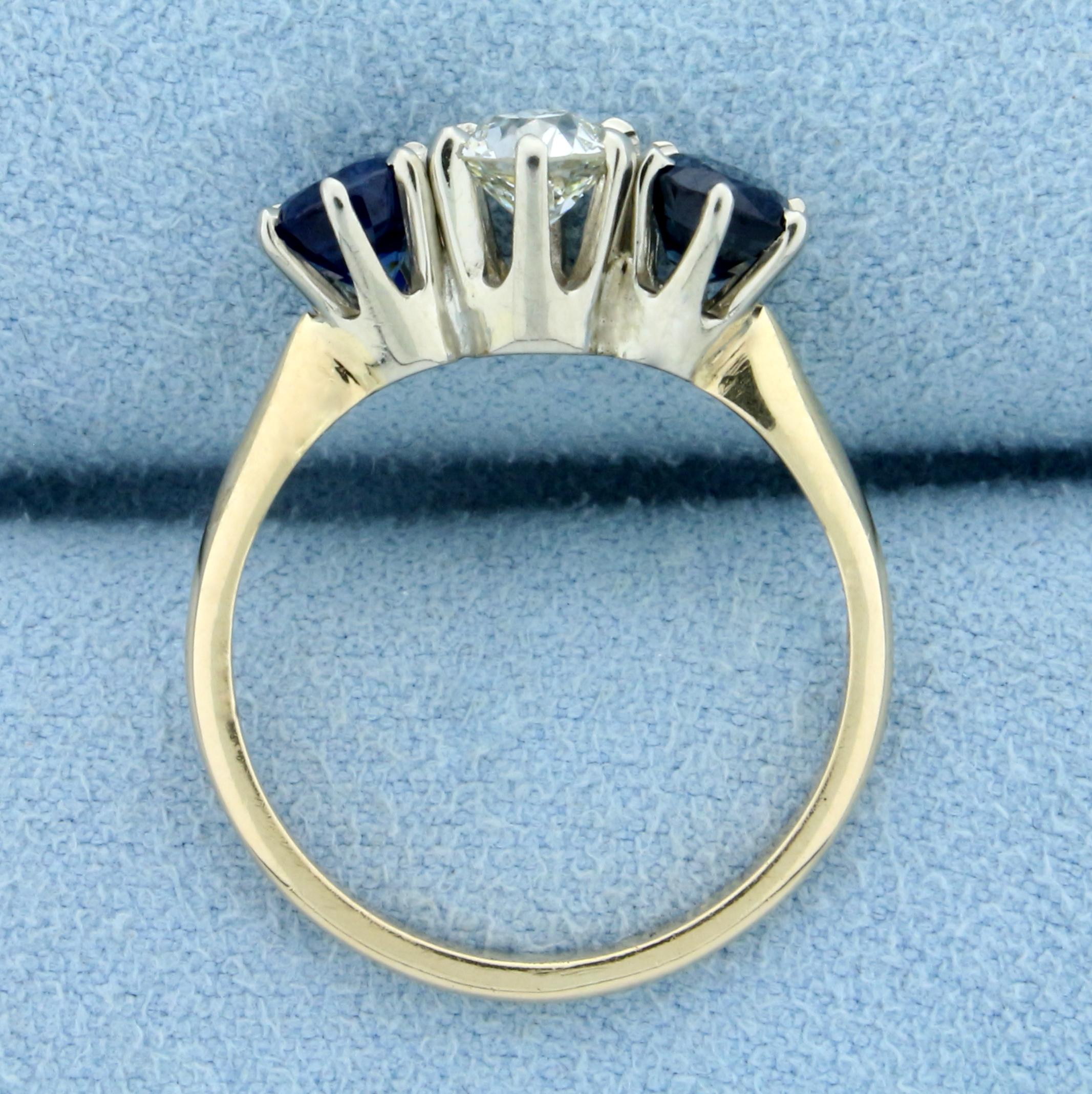 1.5ct Tw Three Stone Sapphire And Diamond Ring In 14k Yellow And White Gold