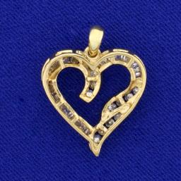 3/4ct Tw Round And Baguette Cut Diamond Heart Pendant In 10k Yellow Gold