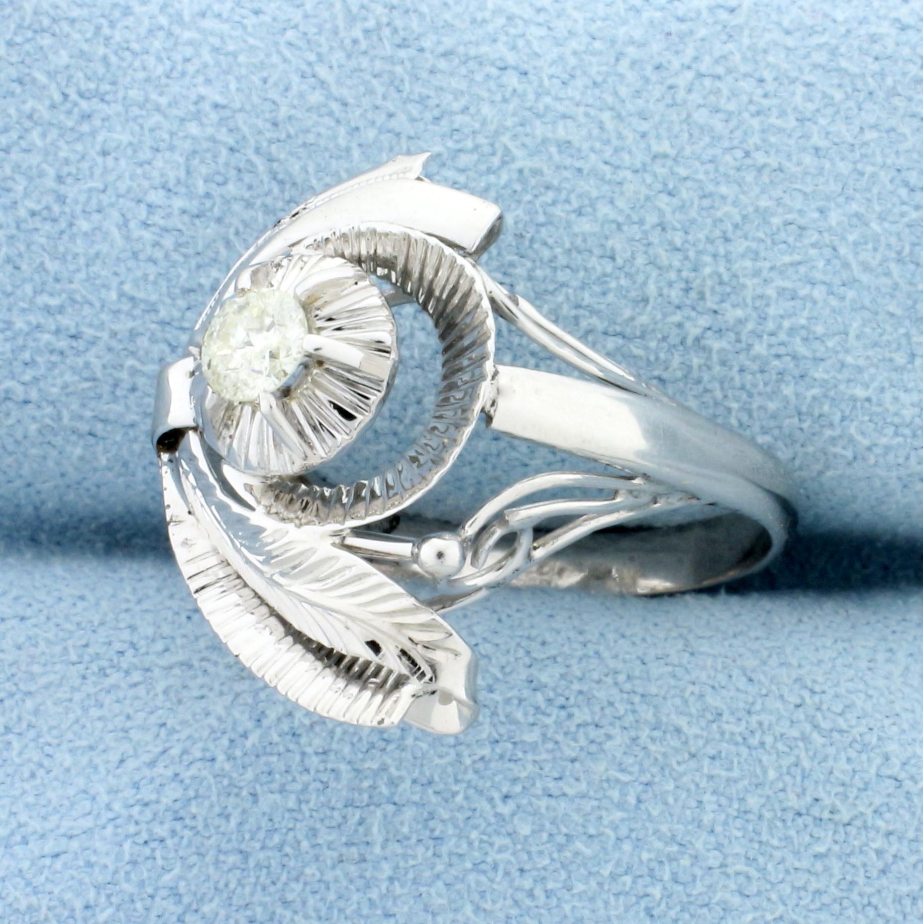 Feather Design Diamond Solitaire Ring In 14k White Gold