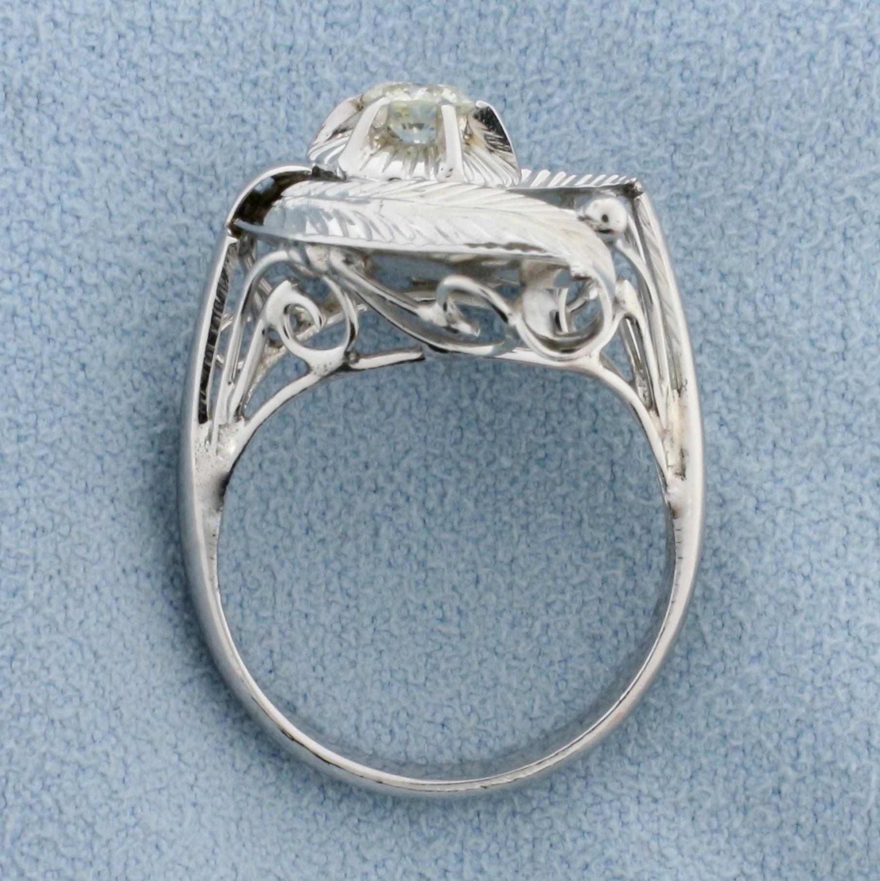 Feather Design Diamond Solitaire Ring In 14k White Gold