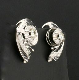 Feather Design Diamond Earrings In 14k White Gold
