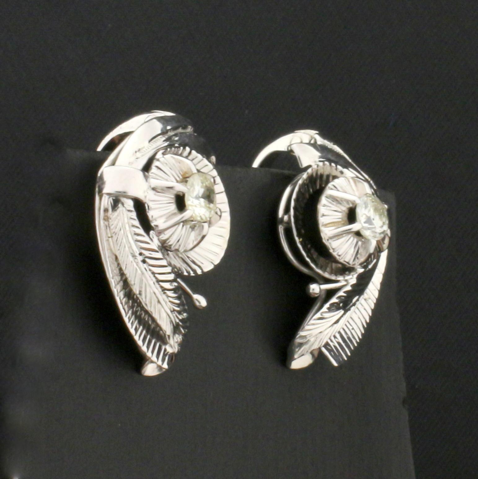 Feather Design Diamond Earrings In 14k White Gold
