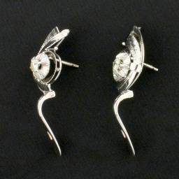 Feather Design Diamond Earrings In 14k White Gold