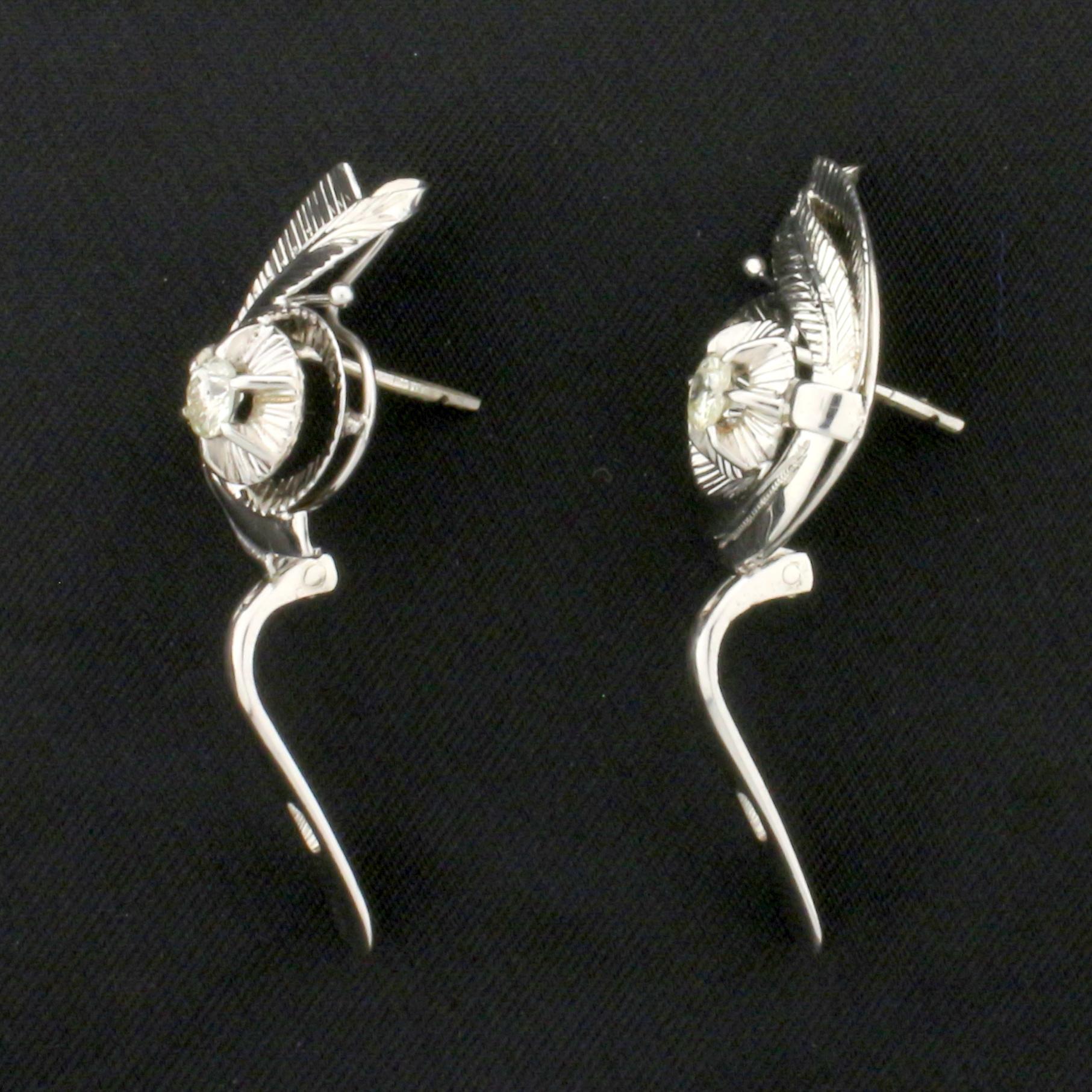 Feather Design Diamond Earrings In 14k White Gold
