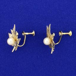 Screw Back Maple Leaf Pearl Earrings In 14k Yellow Gold