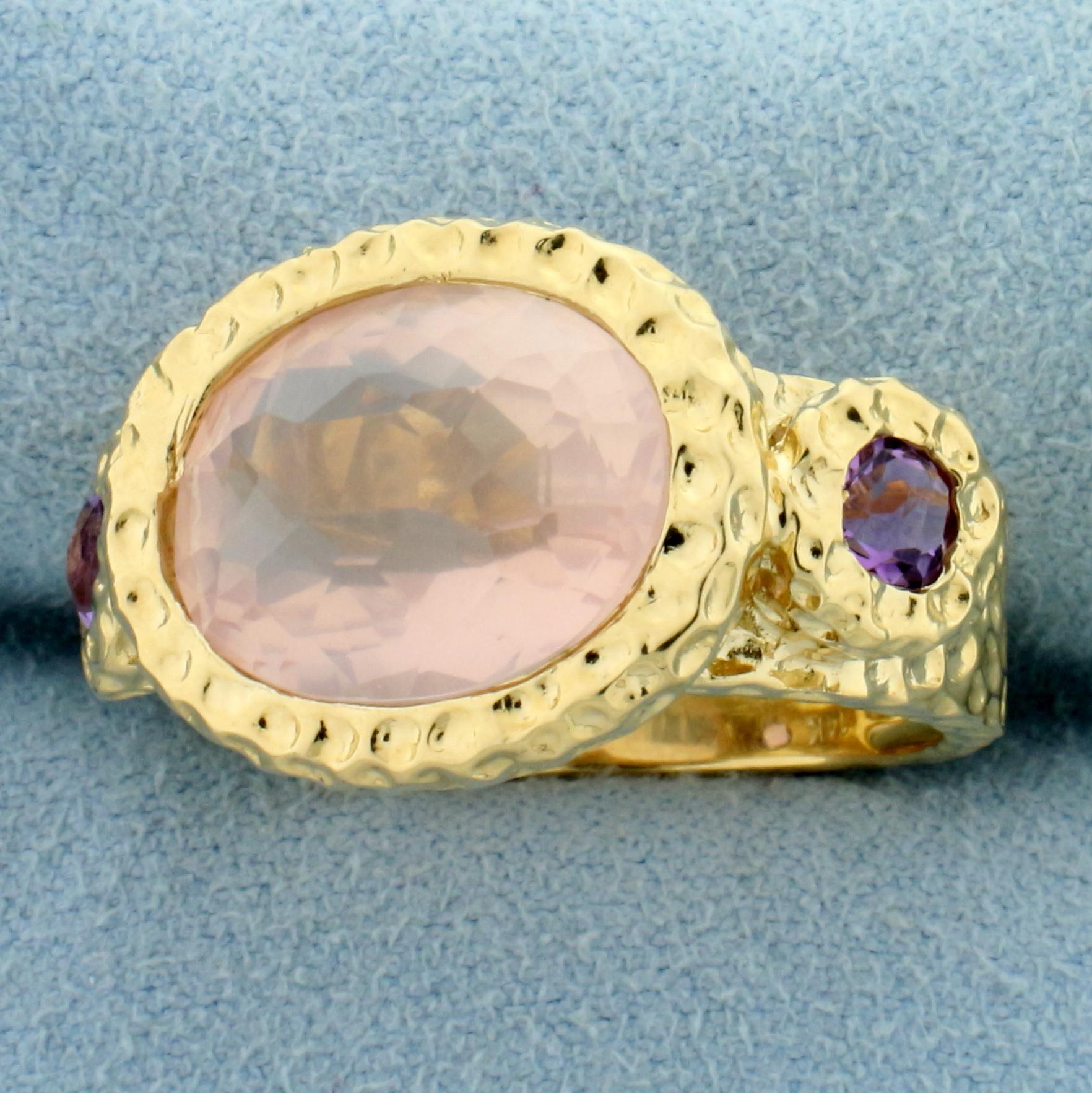 Rose Quartz And Amethyst Ring In 14k Yellow Gold