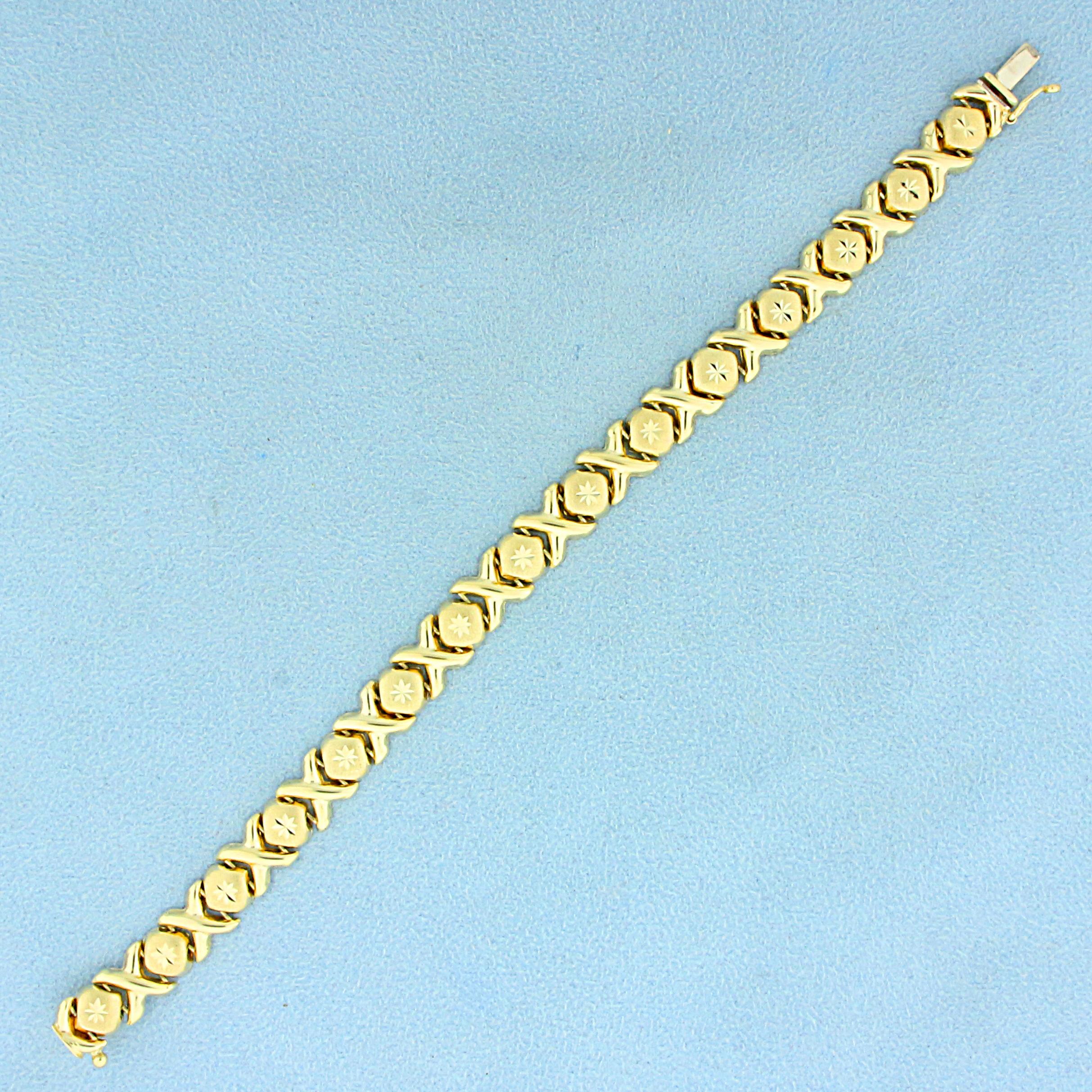 Diamond Cut X And O Link Bracelet In 14k Yellow Gold