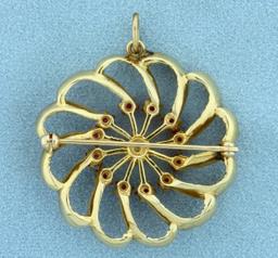 Vintage Ruby And Pearl Pinwheel Design Pin Or Pendant In 14k Yellow Gold