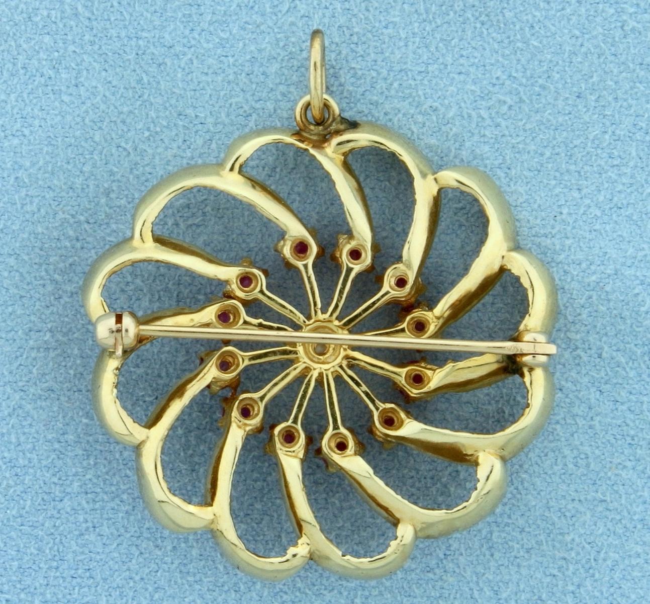 Vintage Ruby And Pearl Pinwheel Design Pin Or Pendant In 14k Yellow Gold