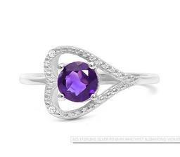 Amethyst & Diamond Heart Ring In Sterling Silver