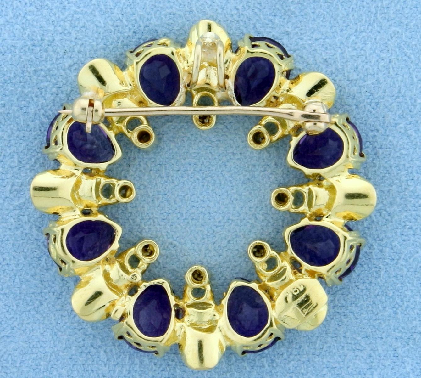 Designer Amethyst And Diamond Pendant Or Pin In 18k Yellow Gold