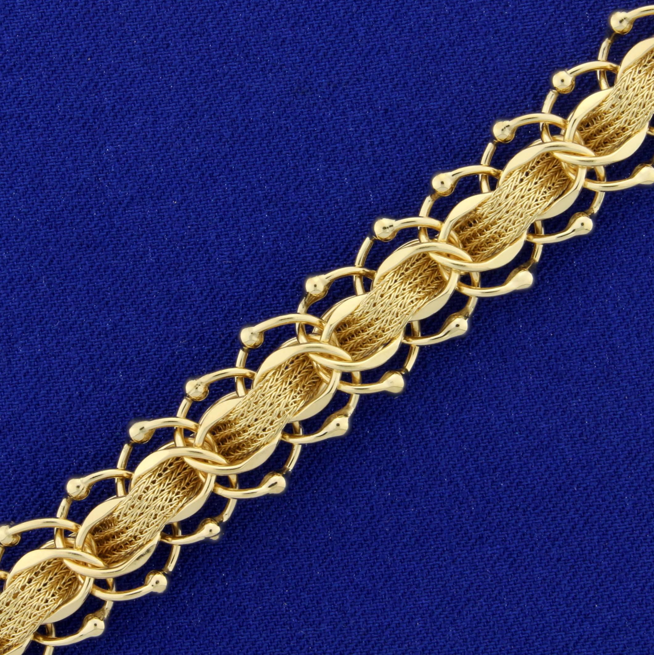 Designer Woven Style Charm Bracelet In 14k Yellow Gold