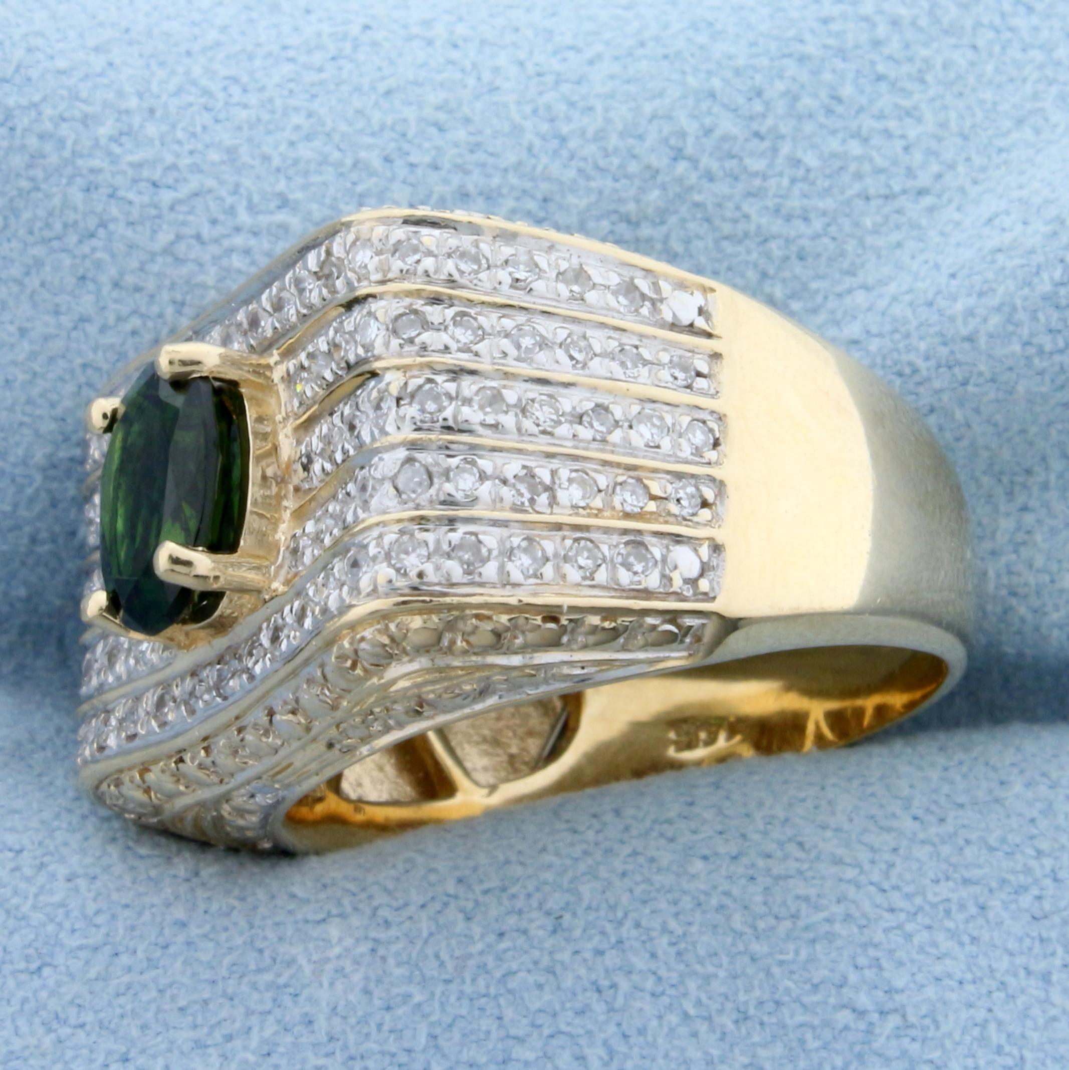 Vintage 2ct Tw Chrome Tourmaline And Diamond Ring In 14k Yellow Gold