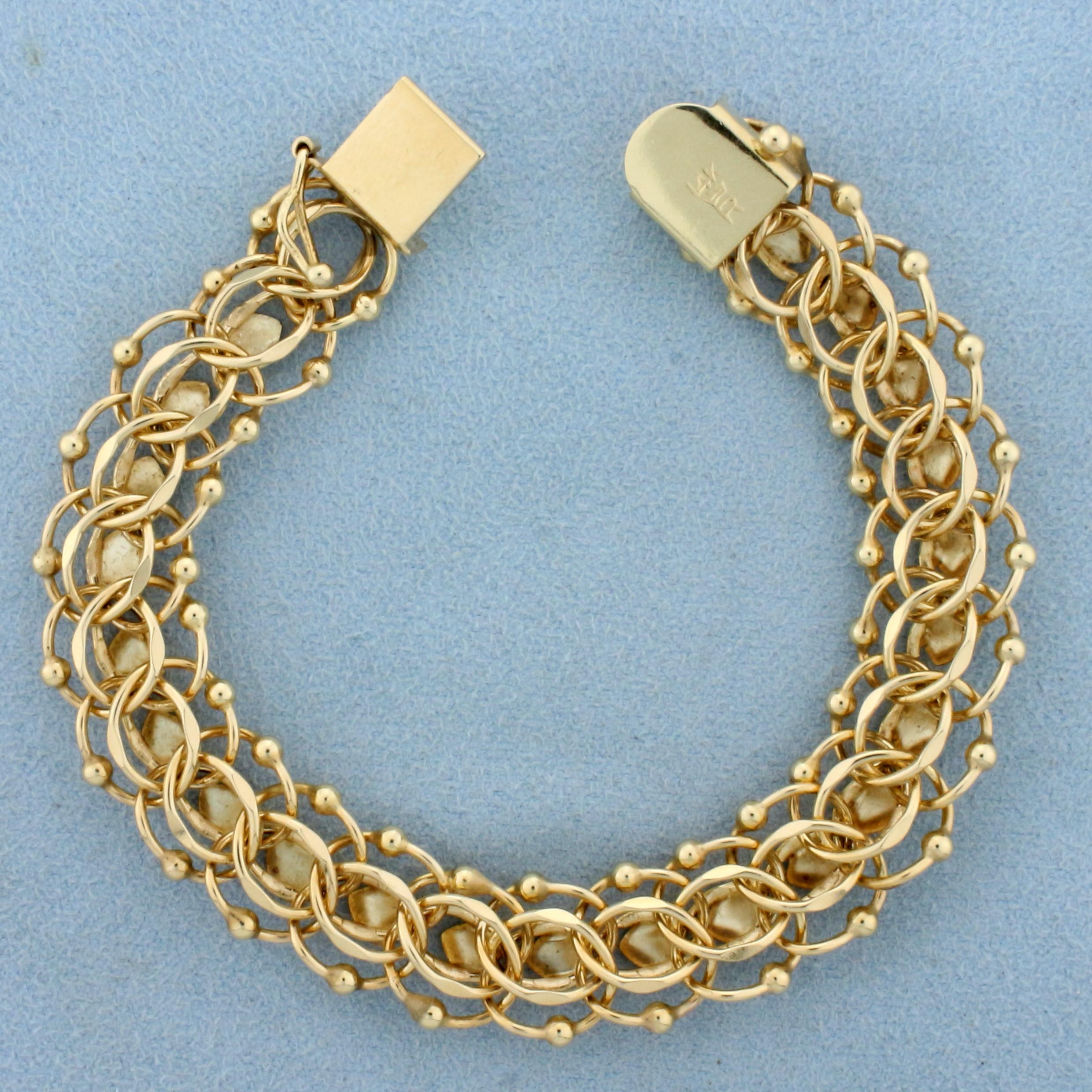 Designer Heart Link Charm Bracelet In 14k Yellow Gold