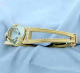 Signed Designer Aquamarine Heart And Diamond Bangle Bracelet In 18k Yellow Gold