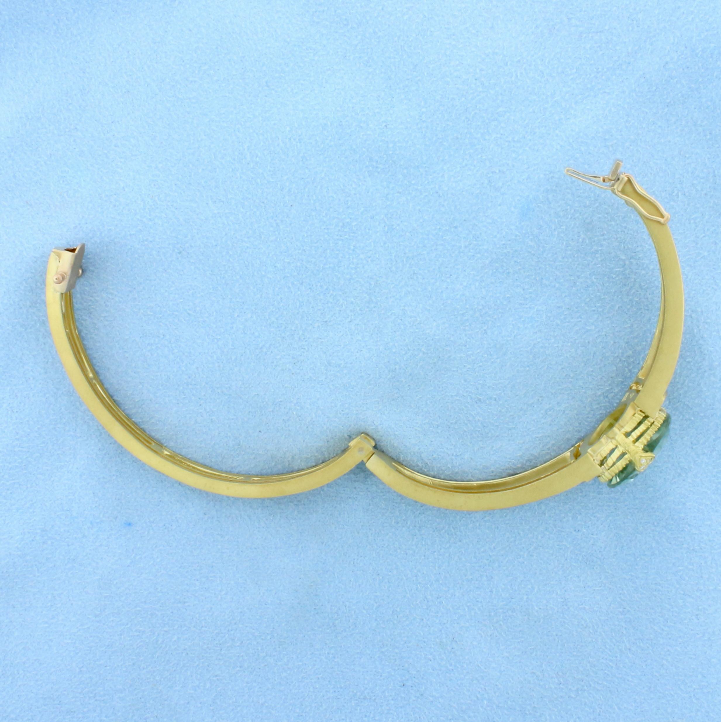 Signed Designer Aquamarine Heart And Diamond Bangle Bracelet In 18k Yellow Gold