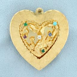 Nature Design Multi-gemstone Large Heart Pendant In 14k Yellow Gold