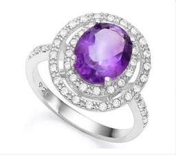 Huge Double Halo Amethyst And White Sapphire Statement Ring In Sterling Silver