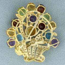 Rainbow Colored Gemstone And Diamond Flower Basket Design Pin In 14k Yellow Gold