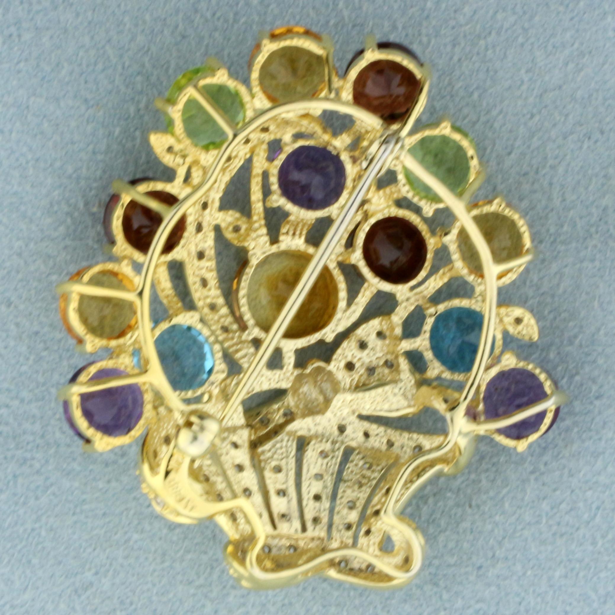 Rainbow Colored Gemstone And Diamond Flower Basket Design Pin In 14k Yellow Gold