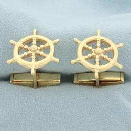 Ship's Wheel Nautical Cufflinks In 14k Yellow Gold