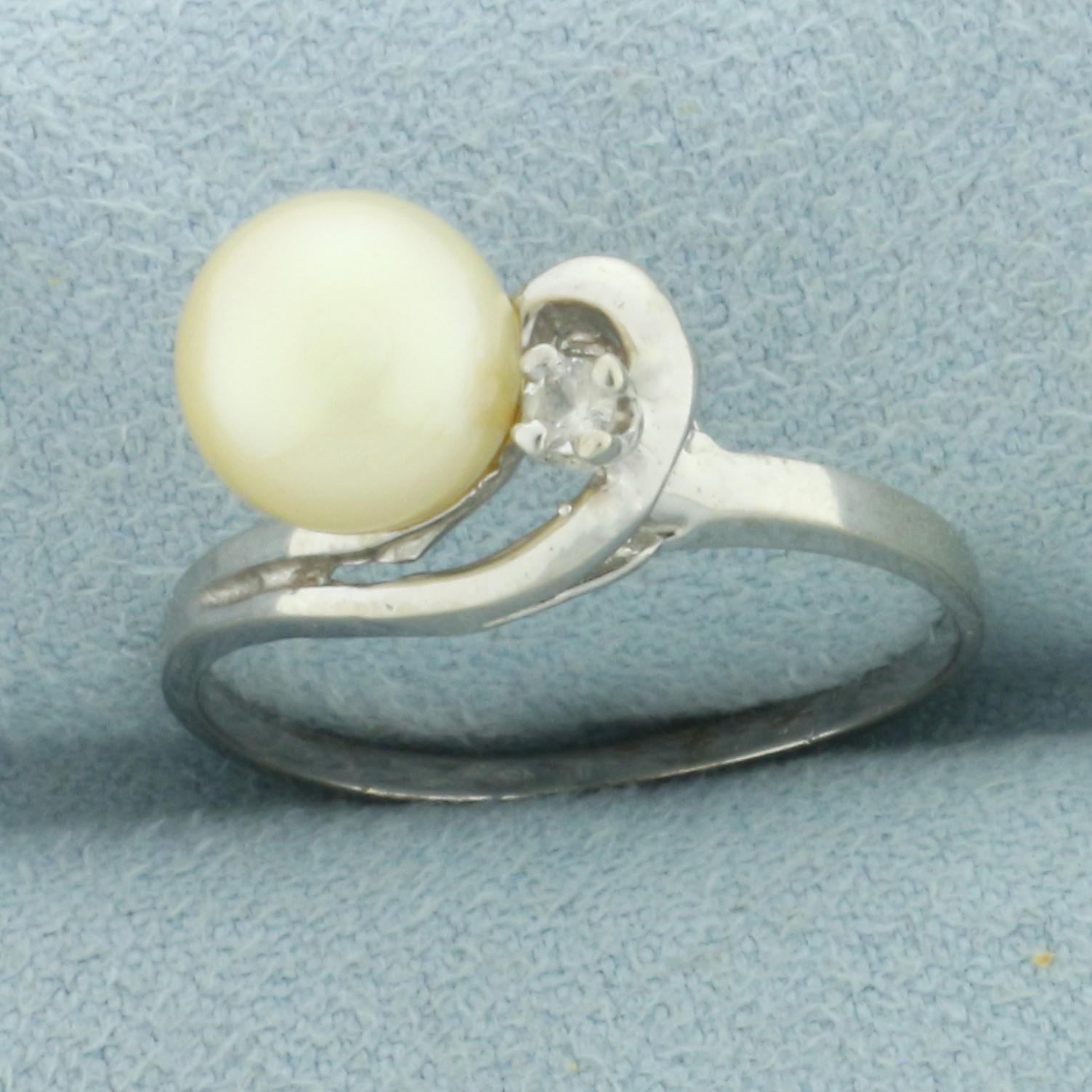 Cultured Pearl And Cz Ring In 10k White Gold