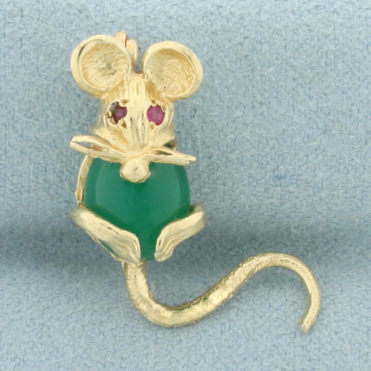 Emerald And Ruby Mouse Pin In 14k Yellow Gold