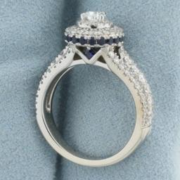 Vera Wang Love Collection Pear-shaped Diamond And Sapphire Double Frame Engagement Ring In 14k White