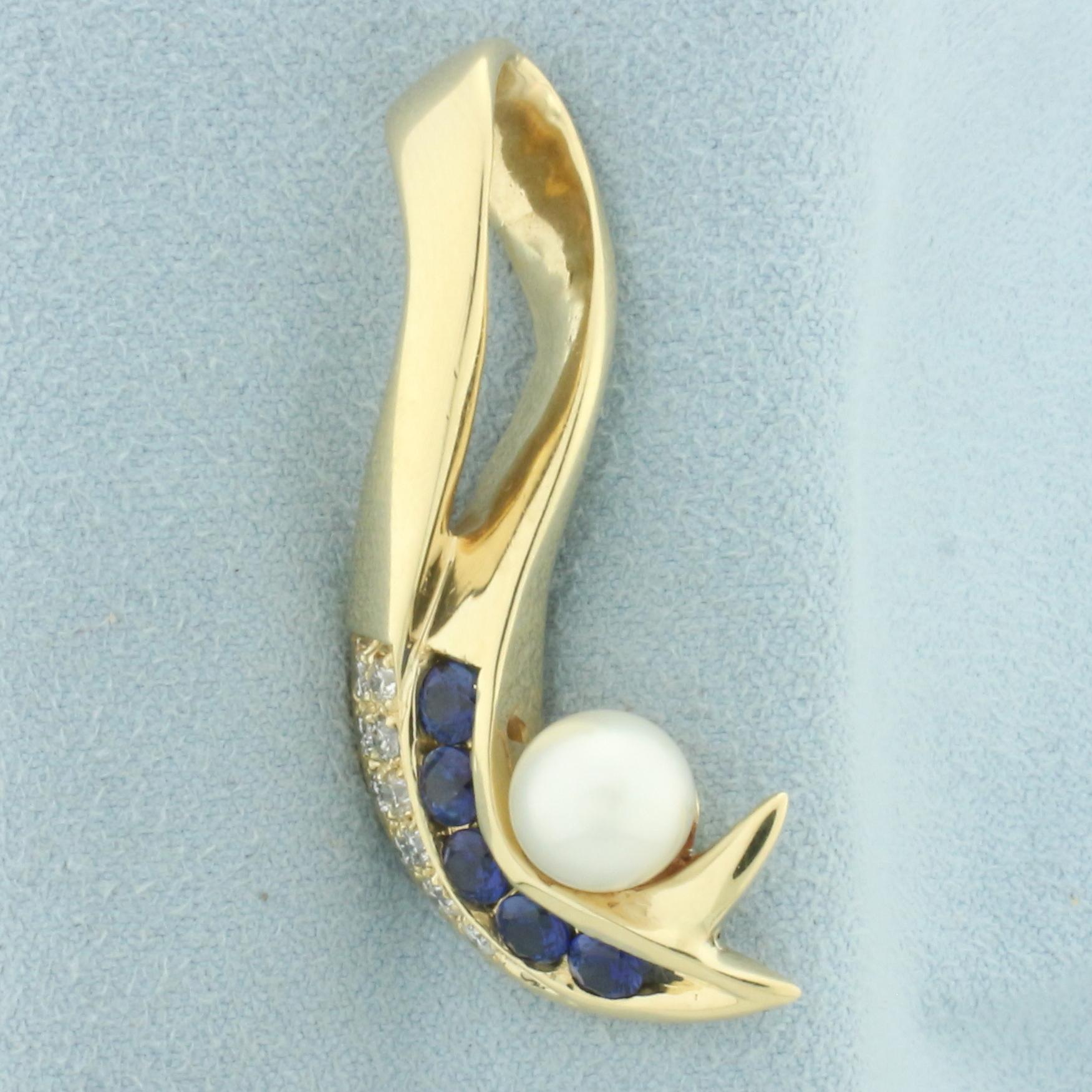 Designer Sapphire, Diamond, And Akoya Pearl Slide Pendant In 14k Yellow Gold