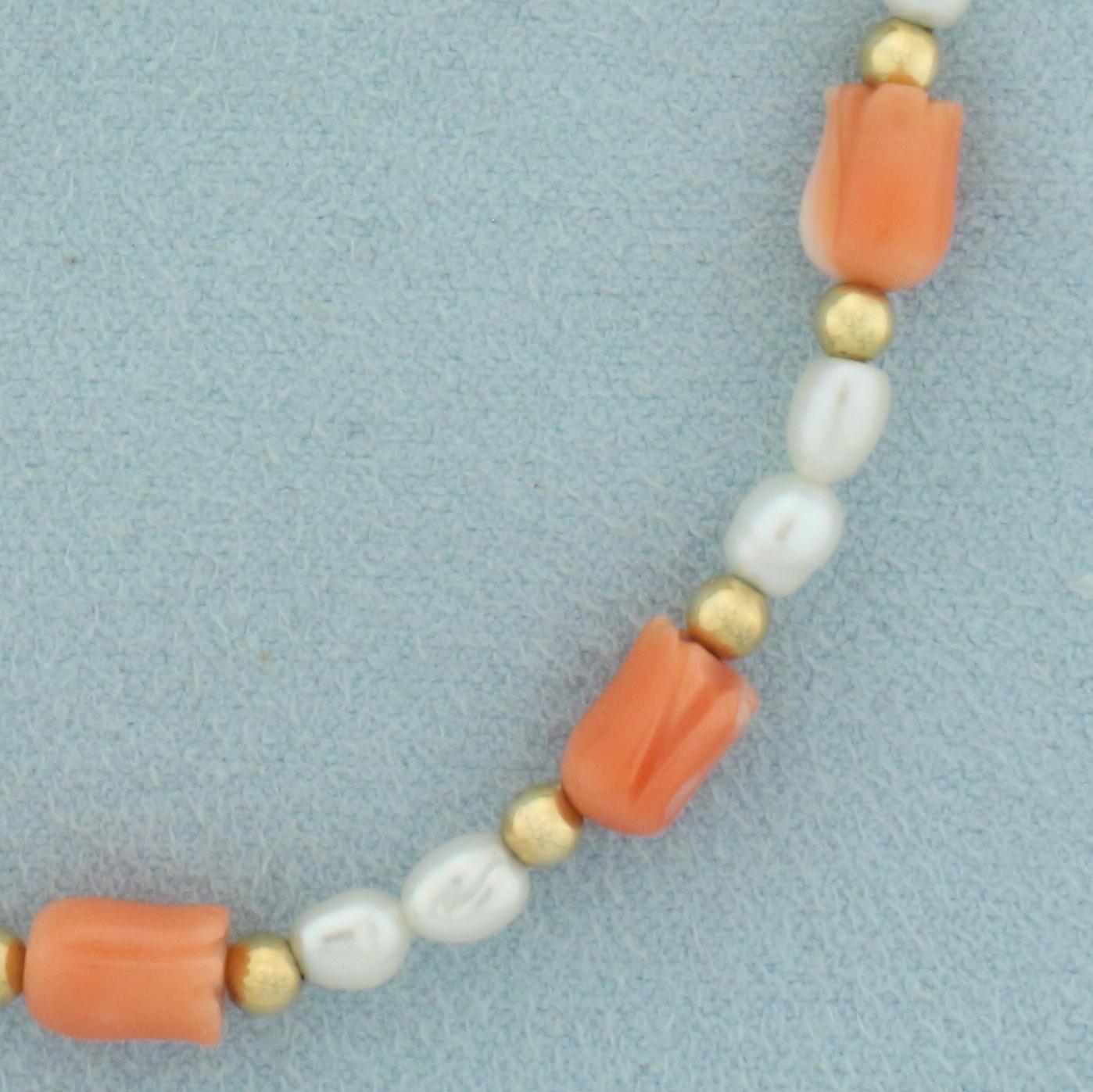 Vintage Pink Coral, Pearl, And Gold Bead Bracelet In 14k Yellow Gold