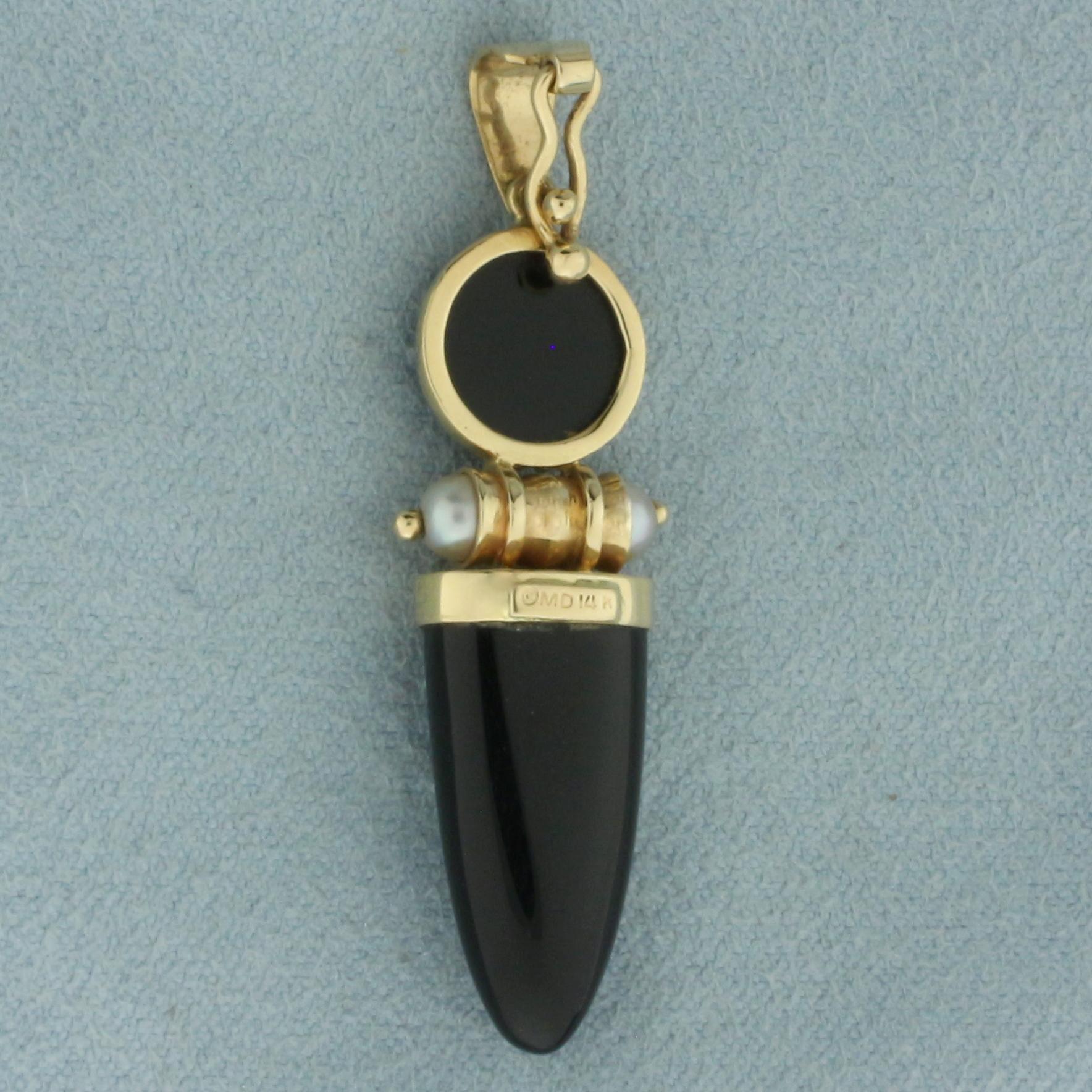 Onyx And Pearl Pendant In 14k Yellow Gold