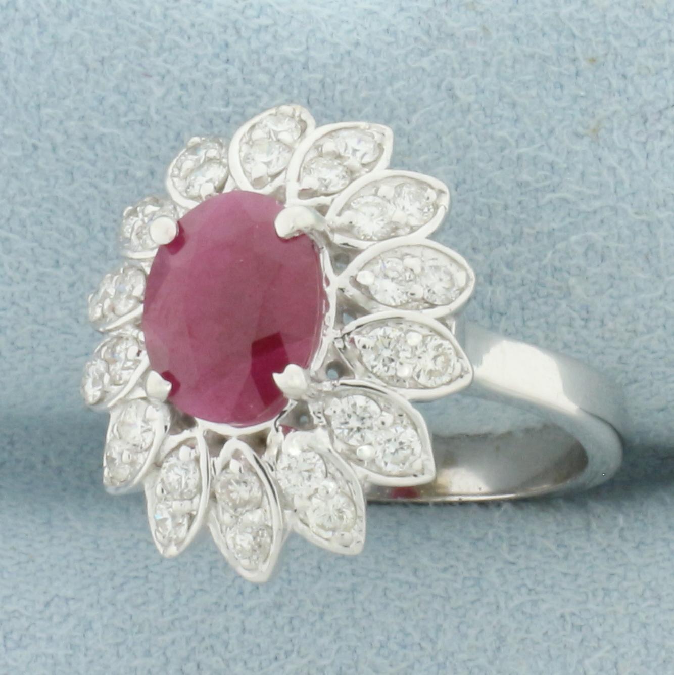 Ruby And Diamond Flower Ring In 14k White Gold