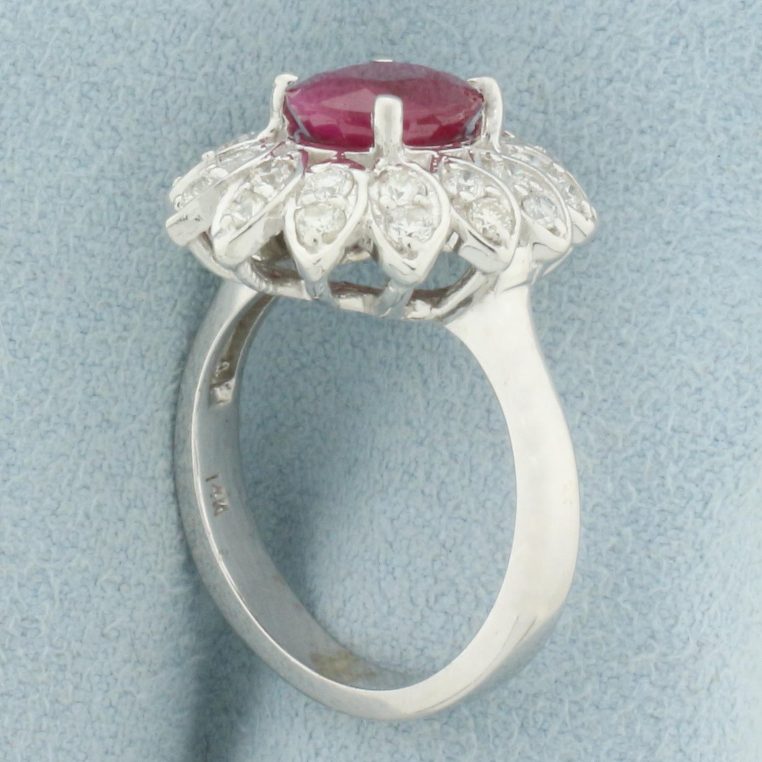 Ruby And Diamond Flower Ring In 14k White Gold