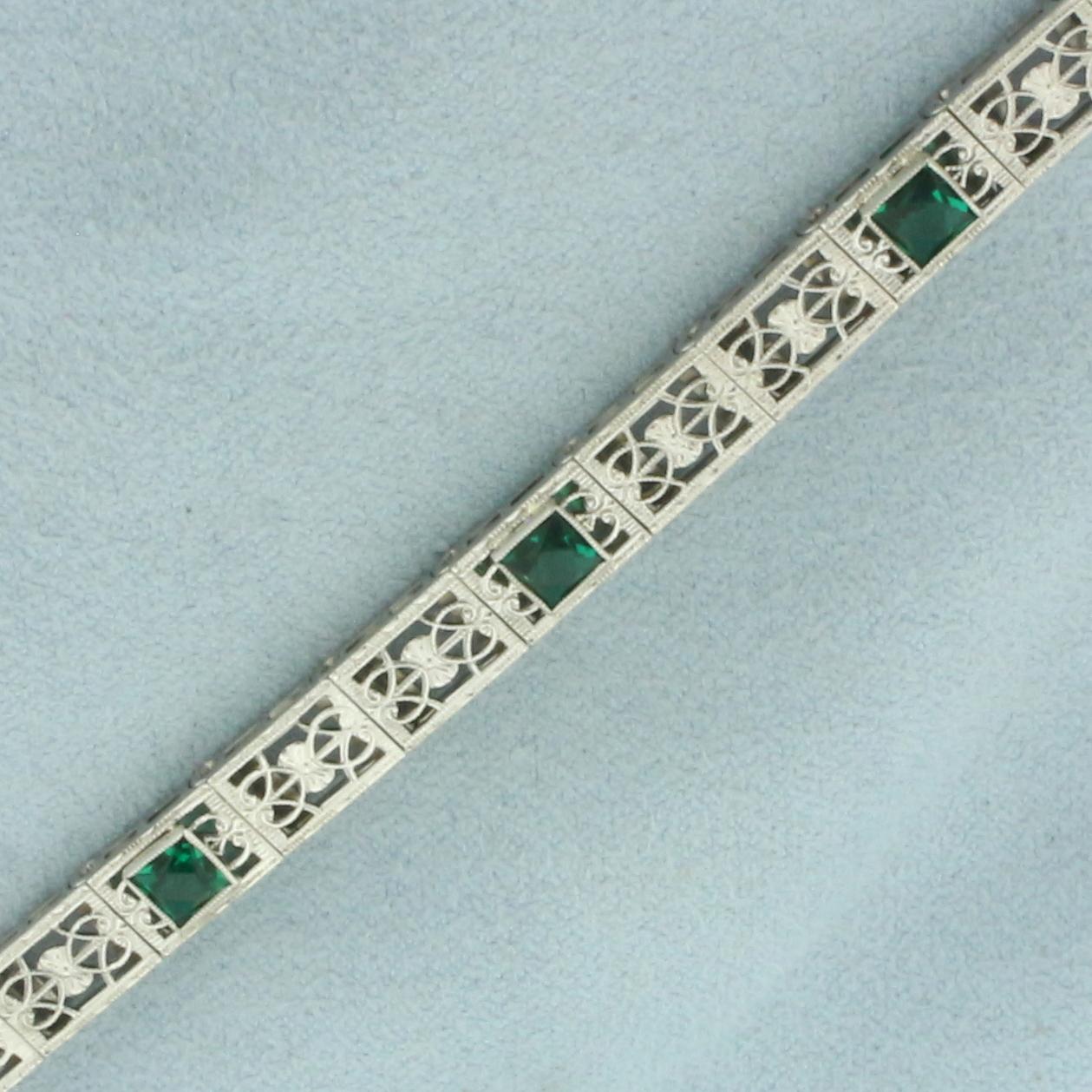 Vintage Emerald Filigree Bracelet In 10k White Gold