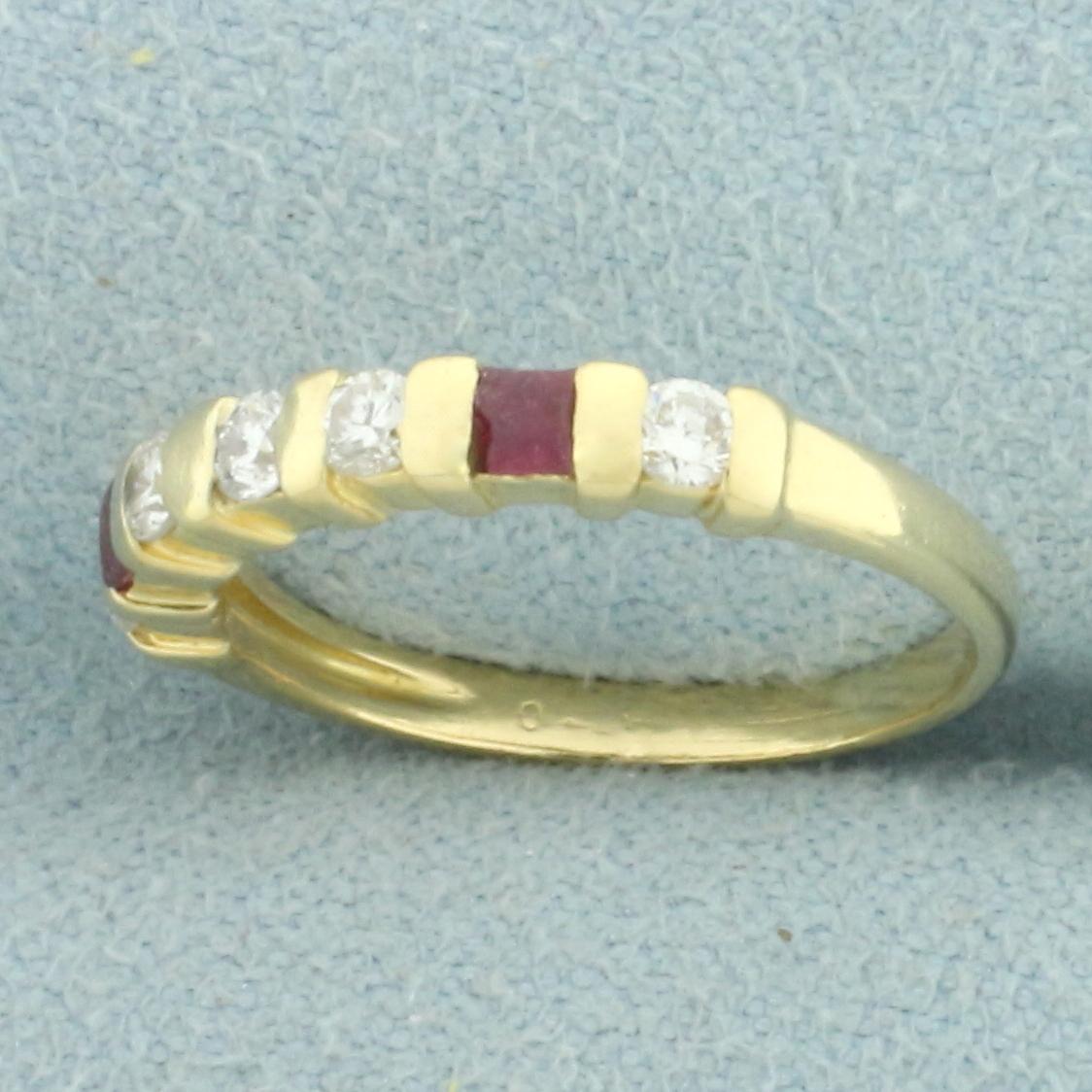 Diamond And Ruby Bar Set Pinky Ring In 18k Yellow Gold