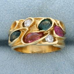 Emerald, Morganite, Diamond, And Rubellite Designer Ring In 14k Yellow Gold