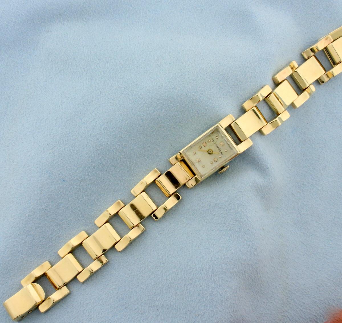 Womens Vintage Tourneau Wrist Watch In Solid 14k Yellow Gold