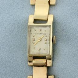Womens Vintage Tourneau Wrist Watch In Solid 14k Yellow Gold