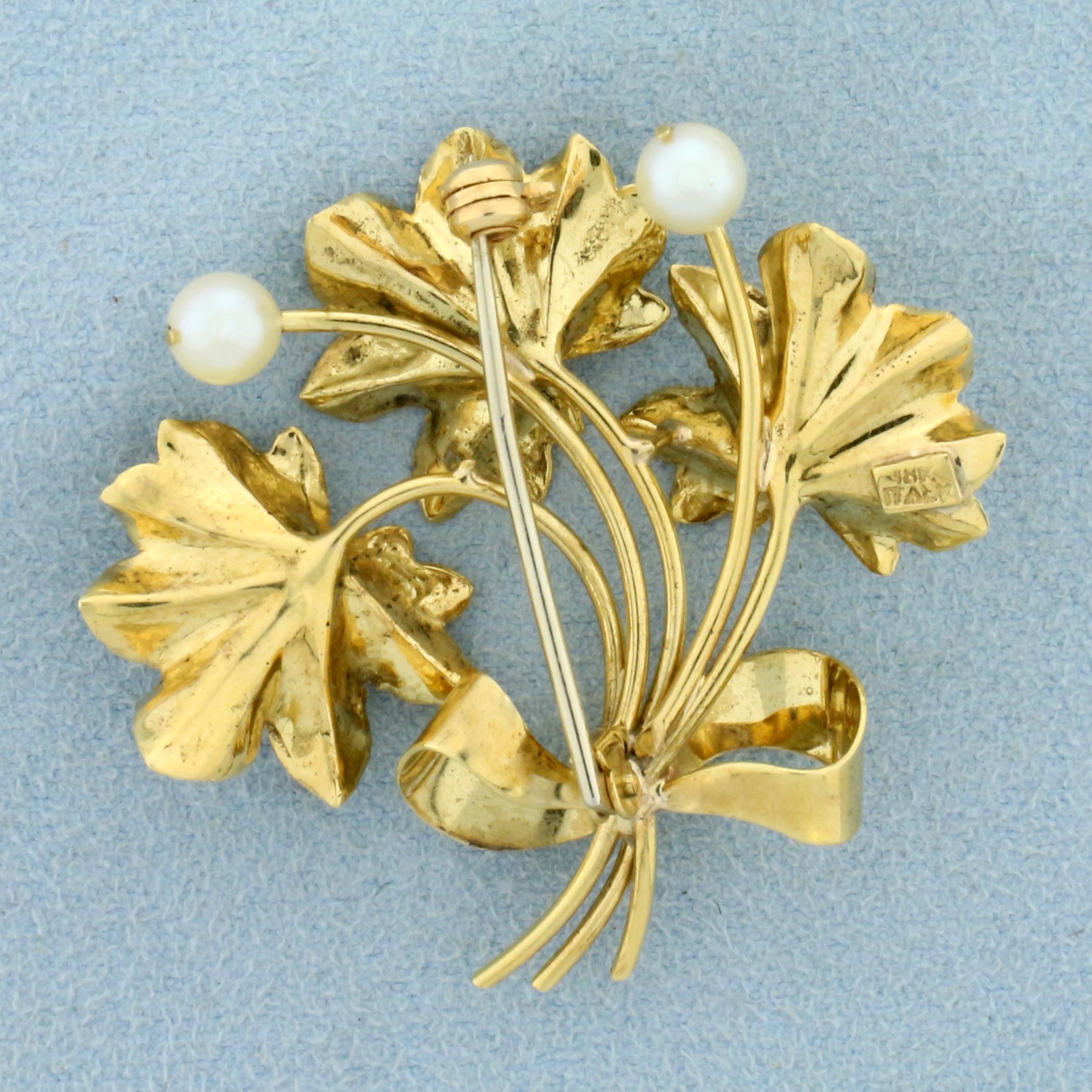 Italian Made Flower Design Akoya Pearl Pin In 18k Yellow Gold