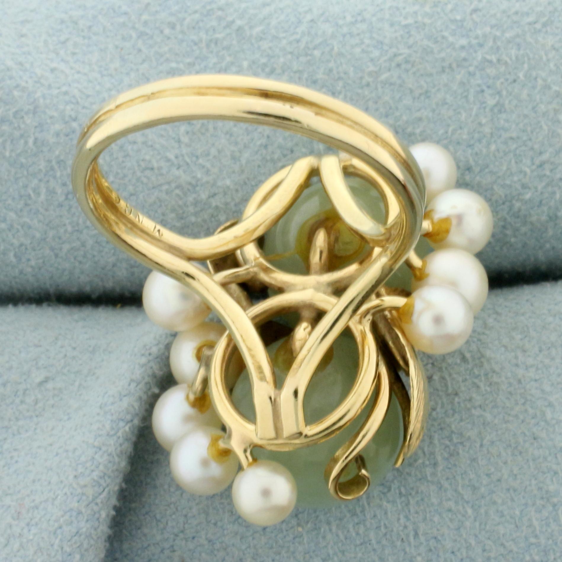 Designer Ming's Hawaii Jade And Pearl Leaf Design Ring In 14k Yellow Gold