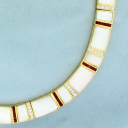 Ruby, Mother Of Pearl And Diamond Necklace In 18k Yellow Gold