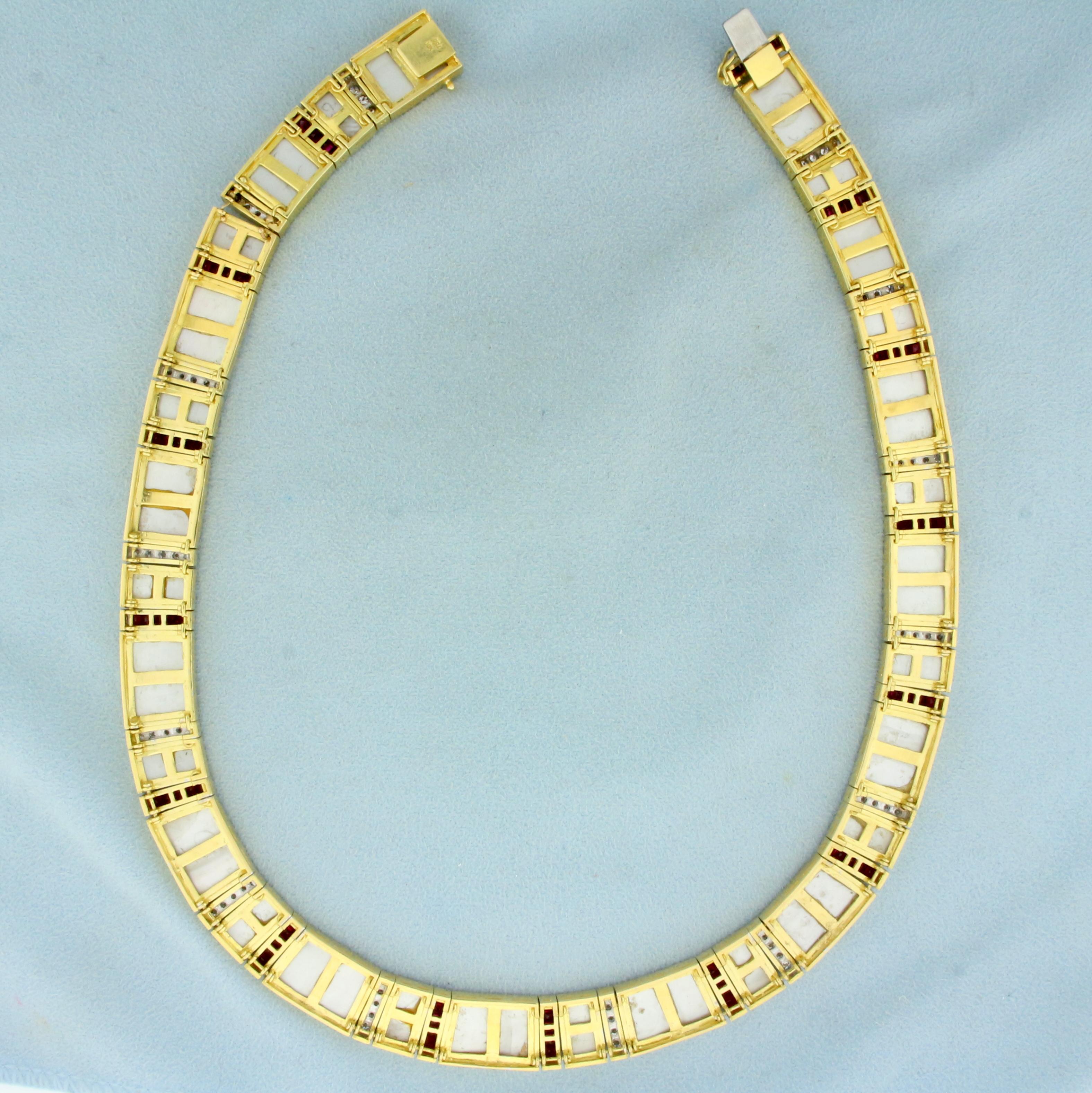 Ruby, Mother Of Pearl And Diamond Necklace In 18k Yellow Gold