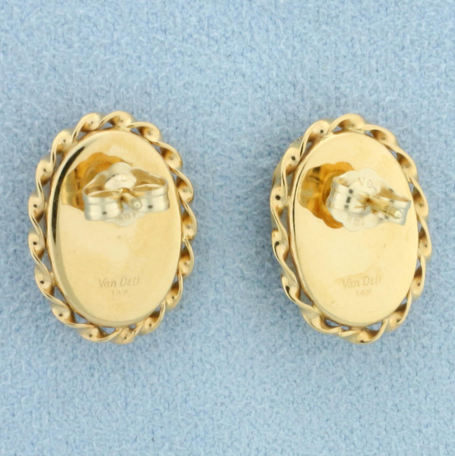 Designer Van Dell Cameo Stud Earrings In 14k Yellow Gold